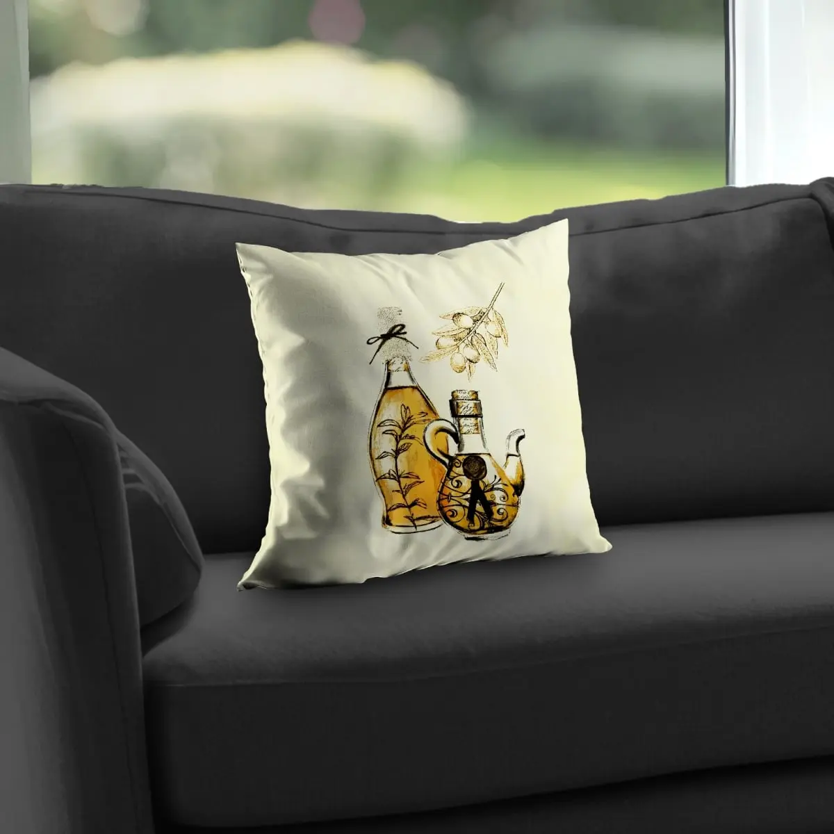Begin Home Decor C1PT1414PTS22O 14x14 in. Poly Twill Decorative Yellow Olive Oil Illustration Throw Pillow - Home Accessories, Kitchen/Dining Room Accent, Artistic Look, Insert Included, Throw Cushions