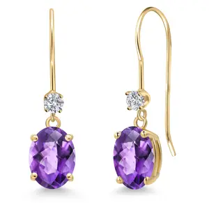Gem Stone King 14K Yellow Gold French Wire Dangle Earrings for Women | Gemstone Birthstone and Lab Grown Diamond | Oval 8X6MM | Jewelry Gifts for Her Mom Wife