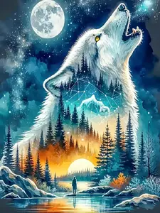 5D Full Drill Diamond Painting, Howling White Wolf Double Exposure Mountain Forest Full Moon Night Scenery DIY Wall Art