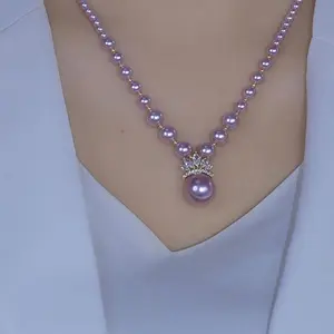 Purple Crown Crystal Necklace 14K Gold Plated Sparkling Zircon Pendant, Elegant Statement Collarbone Chain Chic Fashion Jewelry for Women