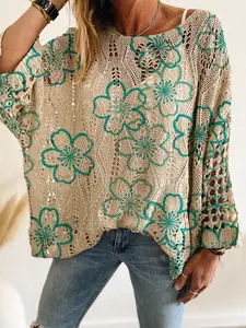 Women's Casual Knit Top, Colorblock Long Sleeve, Batwing Shoulder Design, Spring Summer Fashion, Vacation Style, Knitwear