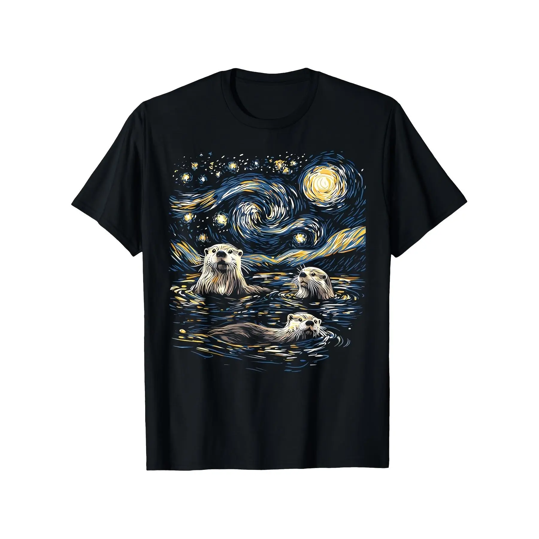 Van Gogh Starry Night Otters Art T-Shirt |   100% Unisex Casual Tee With Three Otters & Swirling Yellow Green Print, S-Xxxl Sizes, Black, Short Sleeve, Crew Neck, Slight Stretch Fabric, Regular Fit, Suitable For All Seasons