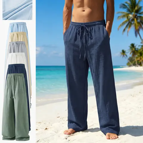 Men’s Retro 100% Polyester Lightweight Plain Loose-Fit Pants - Drawstring Tie, Breathable Fabric, Minimalist Design, Belt-Ready for Indoor Gatherings, Outdoor Activities