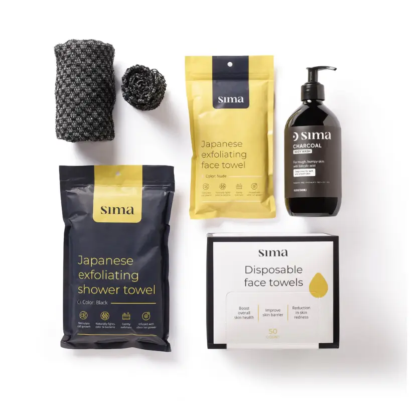 Sima Core 4-Piece Gentle Charcoal Body Care Cleansing Set - Face Cleanser, Body Wash, Exfoliator for Buildup Removal, Antibacterial Treatment & Soft Skin Routine