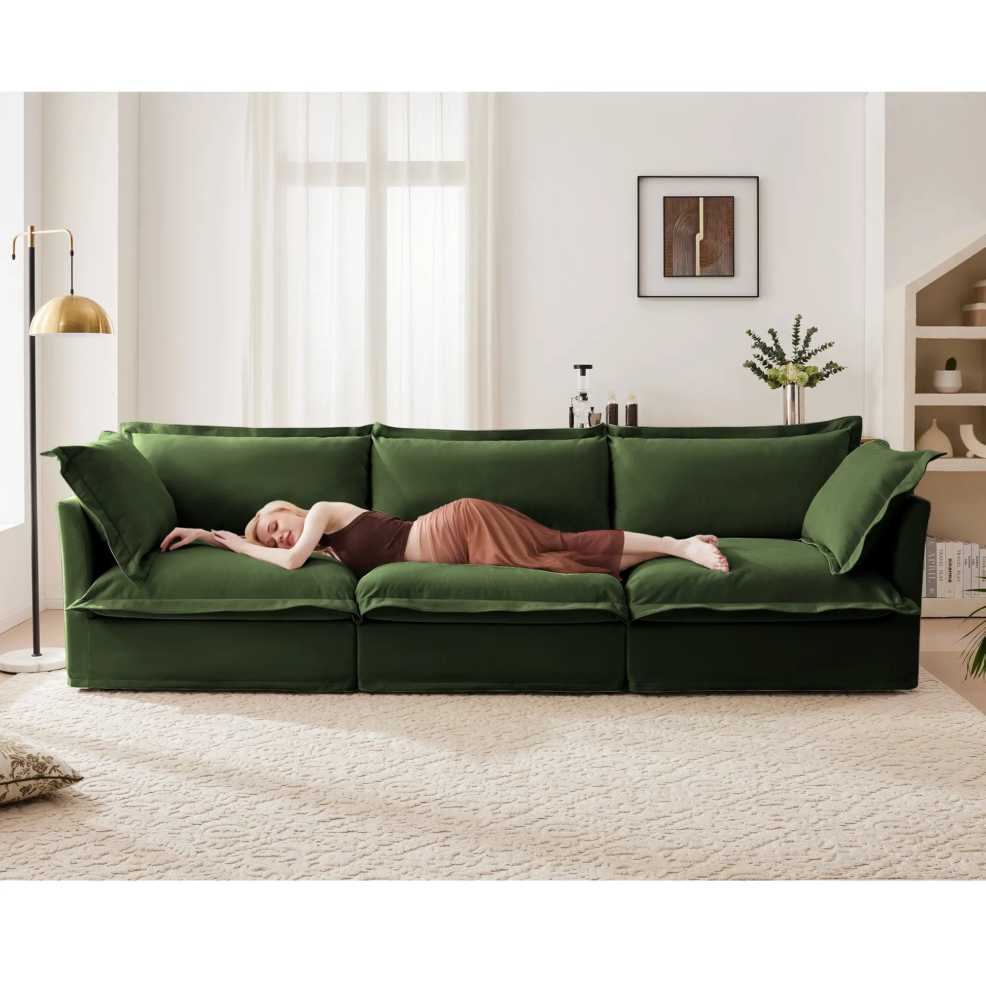 Modern 3 Seater Slipcovered Sofa Couch with Suppleness Armrests, Chenille Fleece Deep Seat Sofa with Soft Multiple Pillows, Comfy Couch for Living Room, Apartment, Green Chenille Fabric, Living Room Furniture for Apartment, Lounge