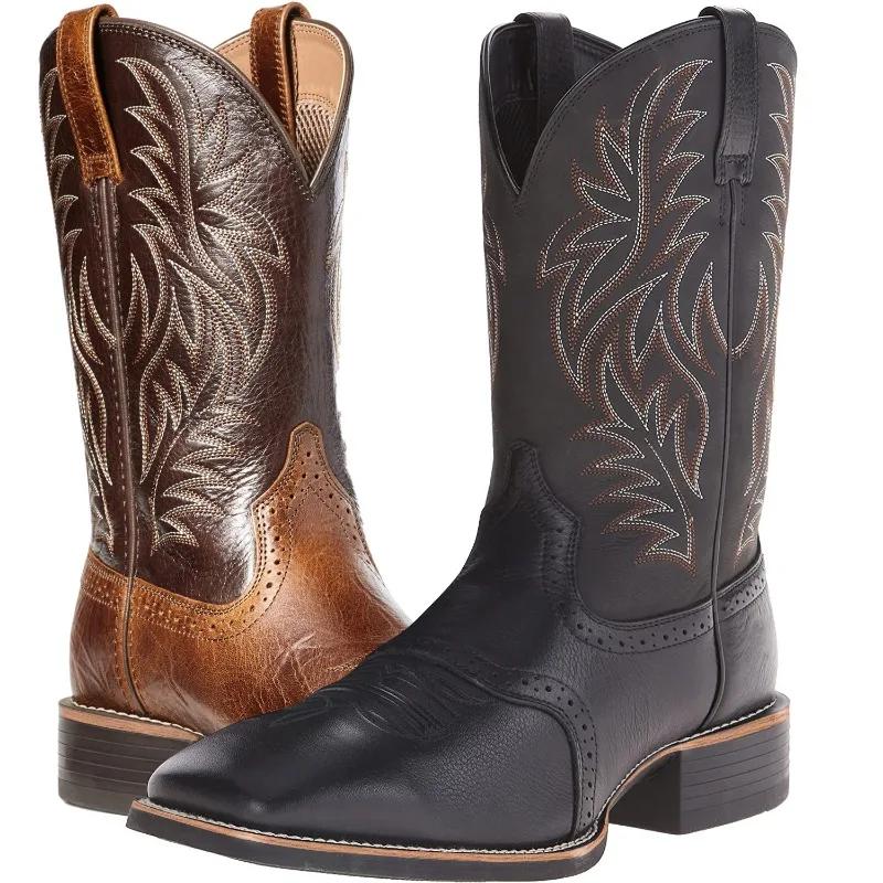 Men High Boots Embroidery Retro Handmade Mens Boots Western Cowboy Boot Pointed Toe Boots Hand Stitching Outdoor Men's Shoes