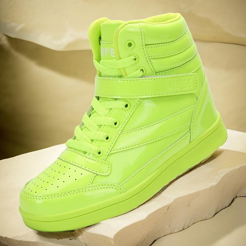 Women's Vibrant Neon Green High-Top Sneakers - Retro 80s Style, Faux Cover, Removable Insole, Hook & Loop Closure, Casual Tennis Shoes for All Seasons, Casual Footwear | Trendy Footwear | Laceup Closure