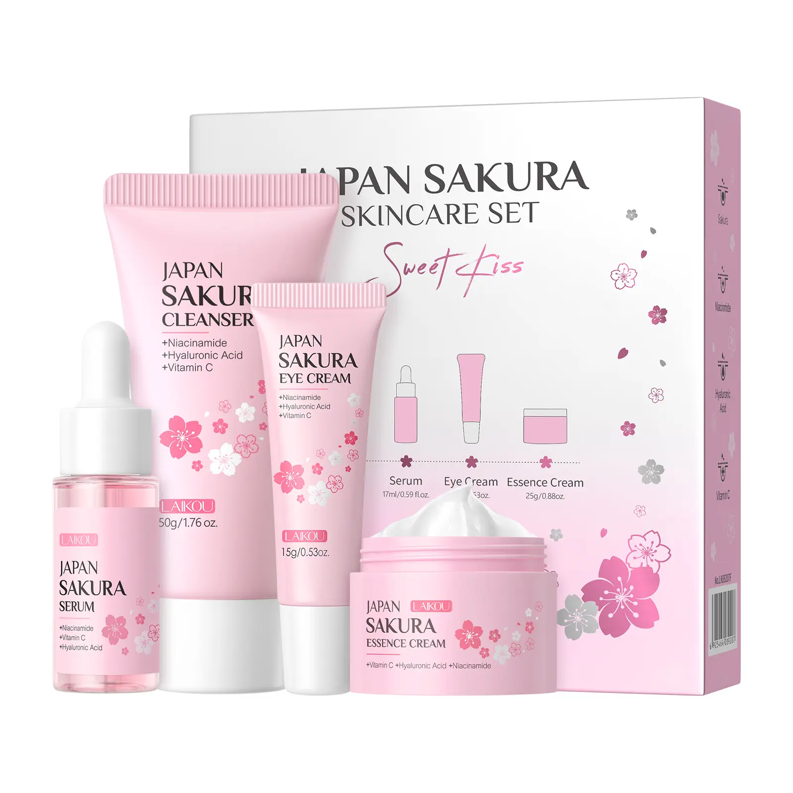 Japan Sakura Skincare Gift Set – Skincare Kit with cleanser, serum, eye cream, and face cream; travel kit for women, moms, wives, and teen girls; gentle skin cleansing; TSA-friendly sizes; 4 pieces