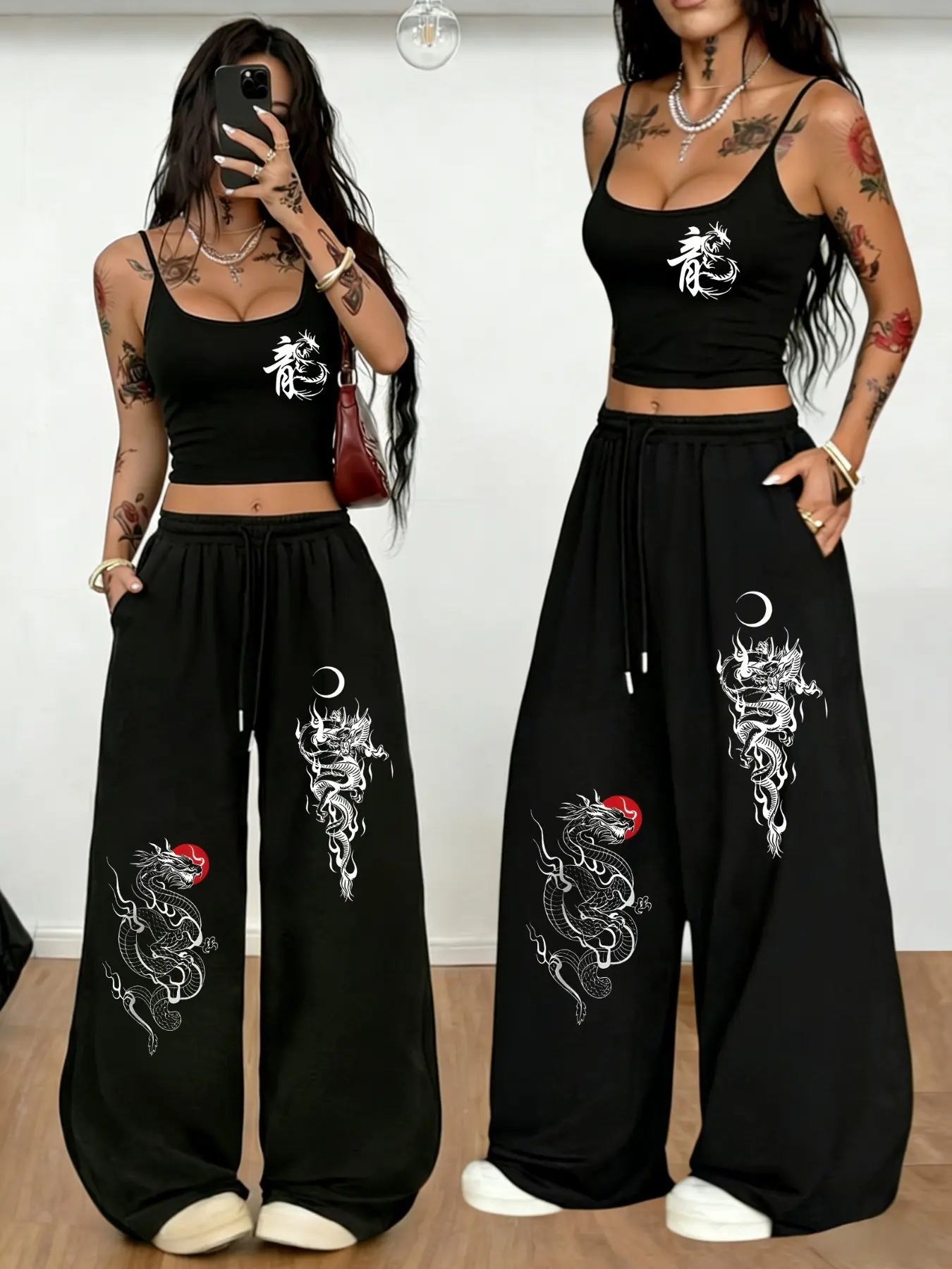 2026 Trending Black Two-Piece Set, Summer Set Womenswear, "Dragon Oriental" Dark Streetwear, Casual Matching Set, Breathable Soft Fabric Ideal for Concerts & Oriental Events, Sleeveless Tank Top Drawstring Graphic