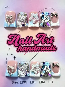 10pcs/Set Handmade Y2K Rapper Style Nail Set, Includes Nude, Orange, Blue, Red Ombre French Tip, Flame, Handcarved Flower, Metal Heart Decor Acrylic Press-On Nails, Suitable For Women & Girls Party, Daily Wear, Gifts