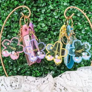 Flower Liquid Keychain, Pink Cherry BlossomKey Accessory, Sakura Festival Shaker Bag Charm, Floating White Glitter Floral, Gold Key Ring cute keychain