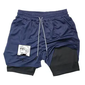 Anime Manga Gojo Satoru 2-in-1 Workout Shorts for Men, High Elastic Double Layer Drawstring Gym Training Shorts with Pockets