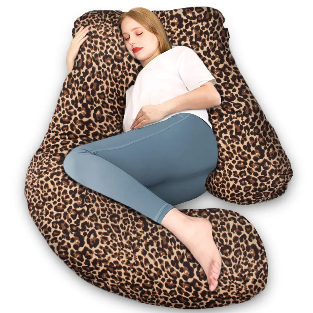 Chilling Home Leopard-Velvet J-Shaped Full Body Maternity Pillow 58 inch Ergonomic Support for Back Legs Belly Hips Cozy Gift for Pregnant Women Hospi