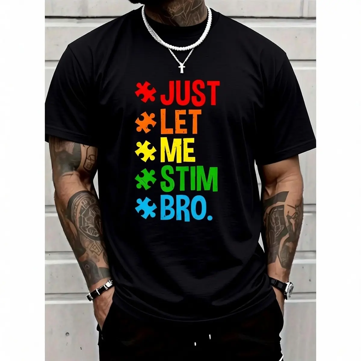 Men's Graphic T-Shirt with "Just Let Me Stim Bro" Autism Awareness Print, 100% Cotton Casual Streetwear Short-Sleeve Top, Tshirt, Shortsleeve