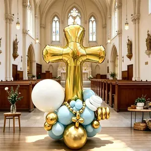 30-Piece Baptism/eucharist Cross Balloon Stand Set, Aluminum Balloons, Blue/ Latex Balloons, Religious Event Decorations