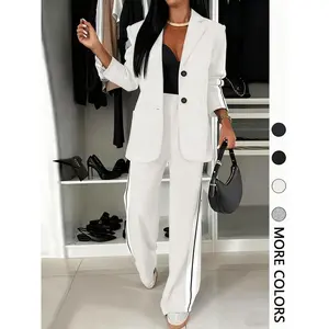 Women's Striped Print Blazer Jacket & Wide Leg Pants Set, Casual Fitted Suit for All Seasons, Stylish Ladies' Clothing Ensemble