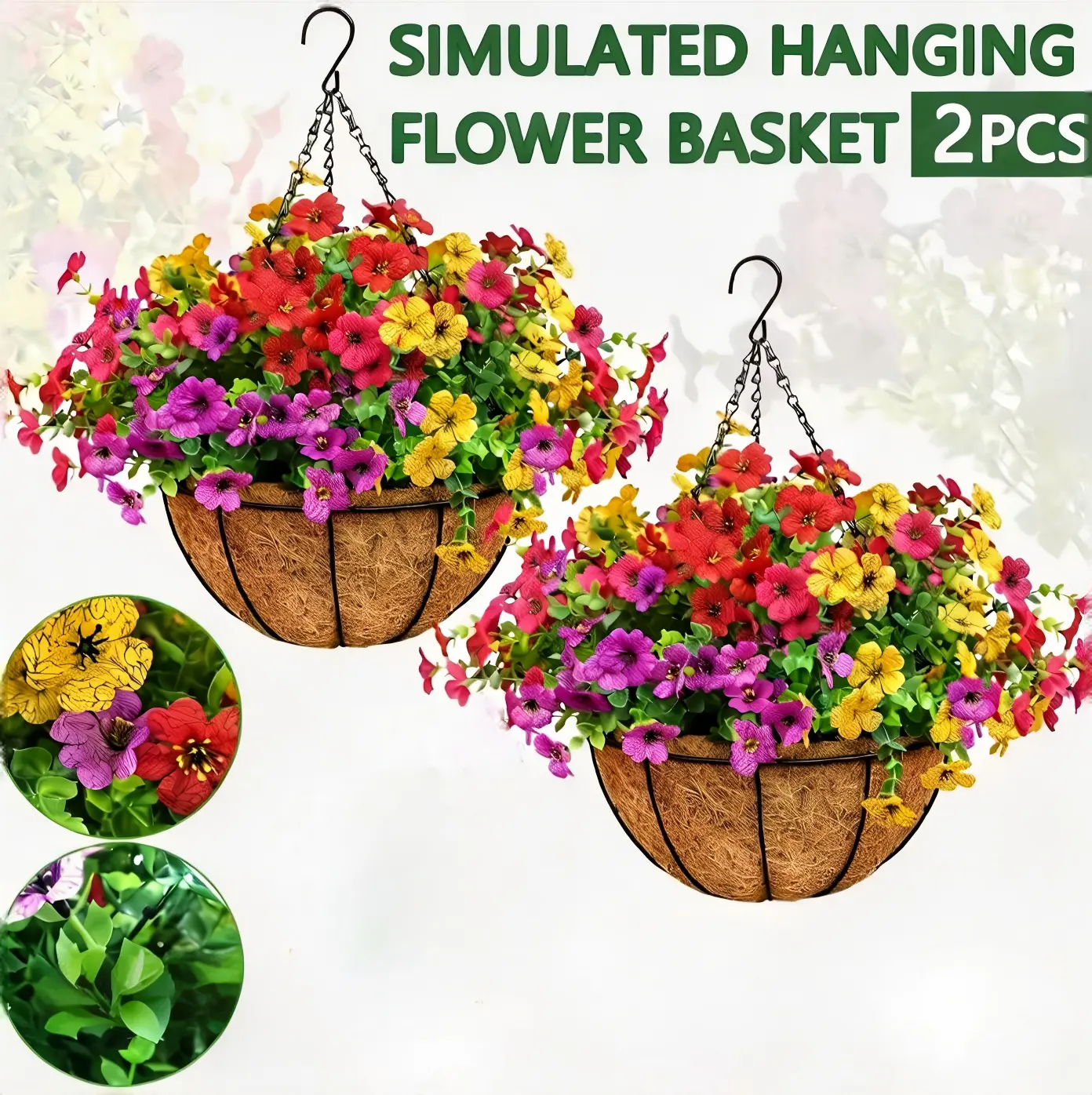 2 Pack UV-Resistant Artificial Flowers in Coco Liner Hanging Baskets, All-Season Hanging Decor for Outdoor Decks & Indoor Living Rooms, Sunrooms, Vibrant, Complete All-In-One Set