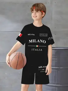 Boys Short Sleeve T-Shirt and Shorts Casual Set, Cartoon 3D Print, Knitted Fabric for Spring Summer Party Wear, Trendy Kids