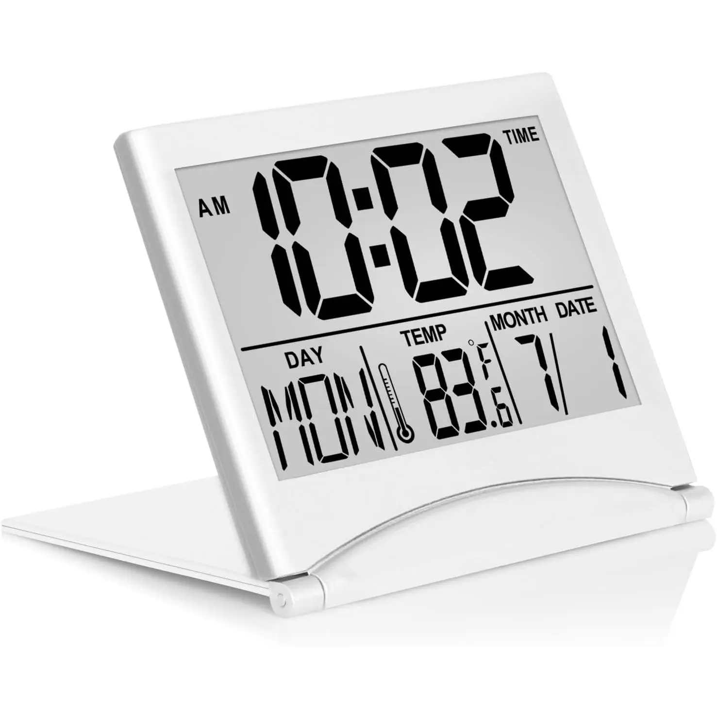 Digital Travel  Clock - Foldable Calendar Temperature Timer LCD Clock with Snooze Mode - Large Number Display,  Operated - Compact Desk Clock(, No Backlight)