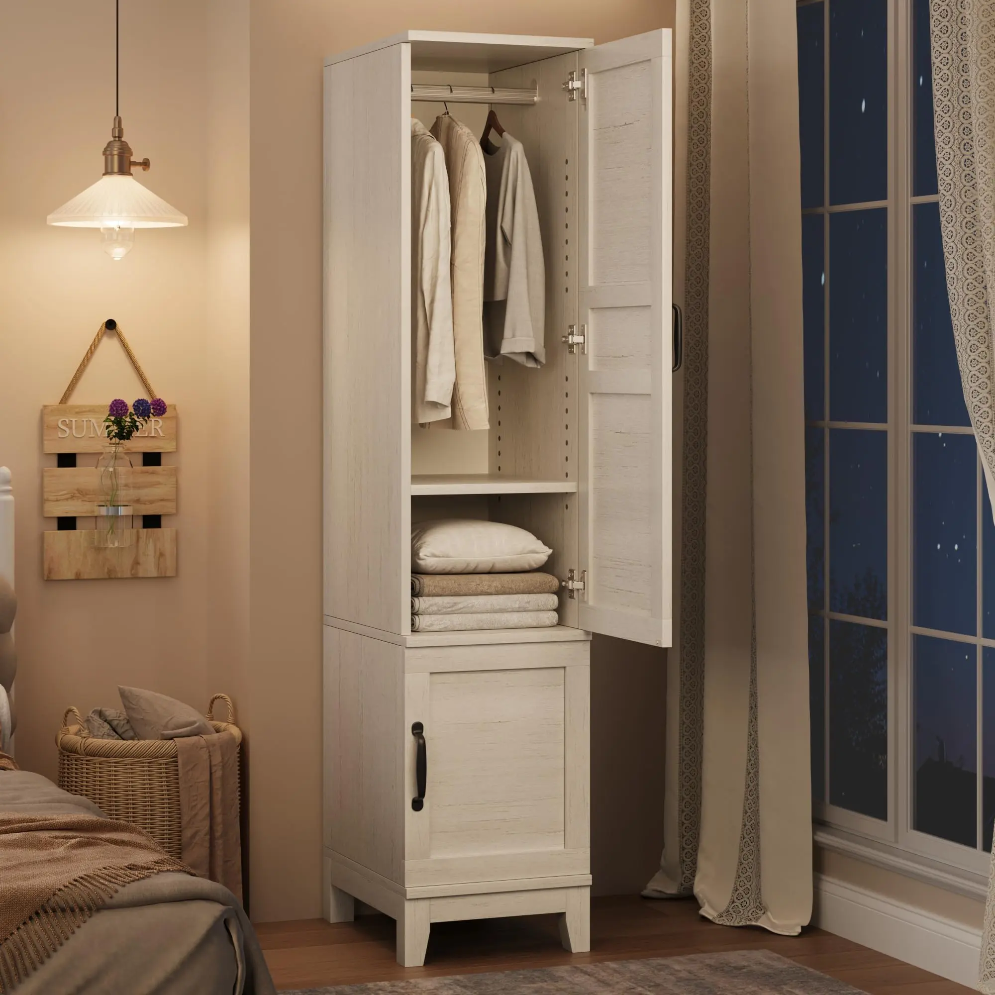 Garvee Rustic White Wooden Armoire Wardrobe Closet with 2 Doors, 72 in Tall Narrow Cabinet Featuring Hanging Rod and 18 Adjustable Shelves for Bedroom Clothes Storage