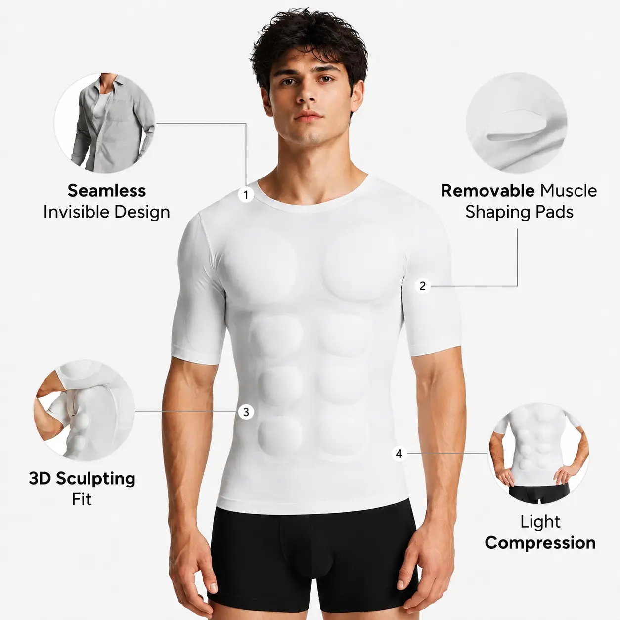 Men's Casual 2-Piece Set: Black Short Sleeve Muscle Fit T-Shirt & Padded Briefs, Round Neck Tops with Removable Pads for a Seamless Look