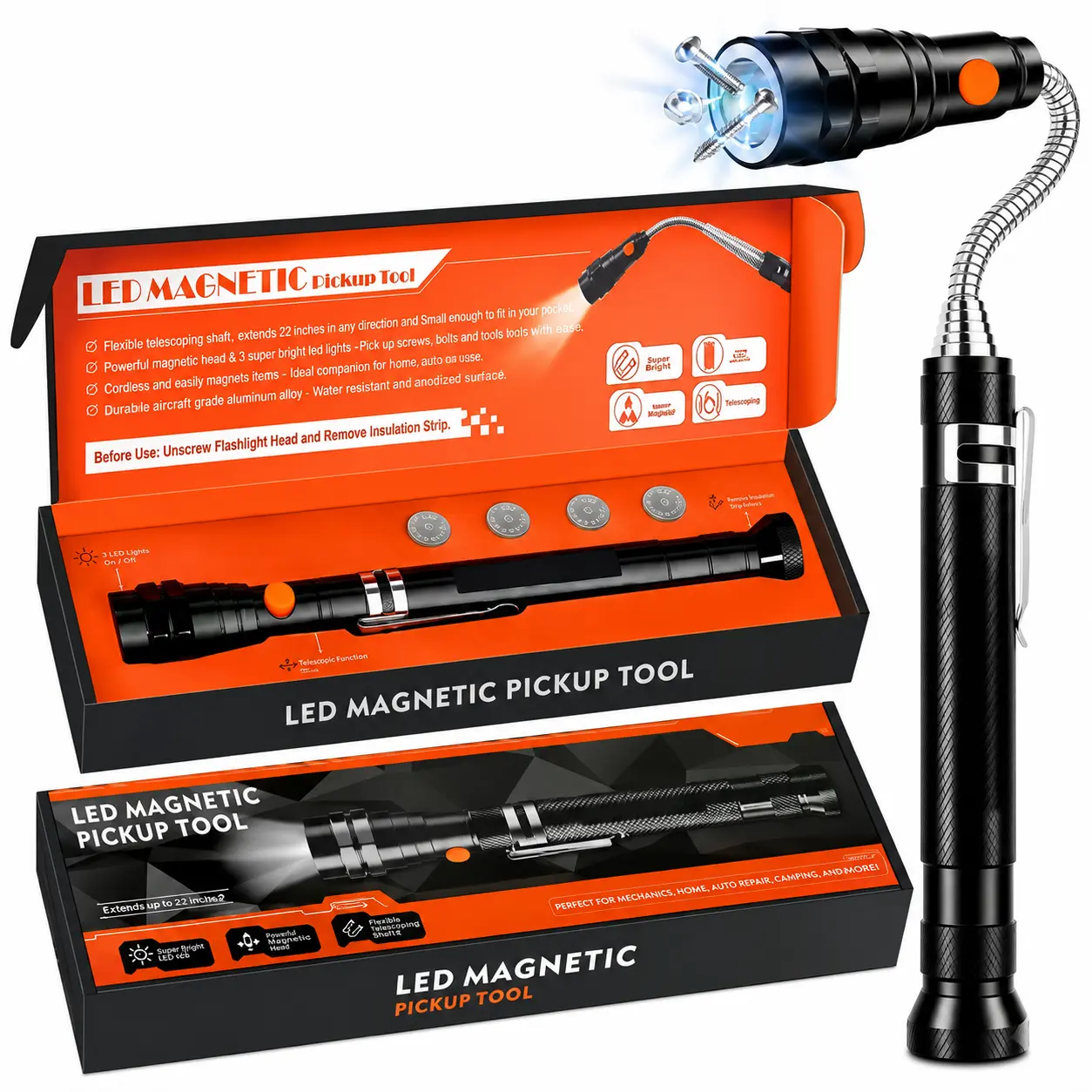 4-in-1 Telescoping Magnetic Pickup Tool with 3 LED Lights, Flexible Neck & Magnetic Base, 22.6" Extendable Grabber for Auto Repair & Garage