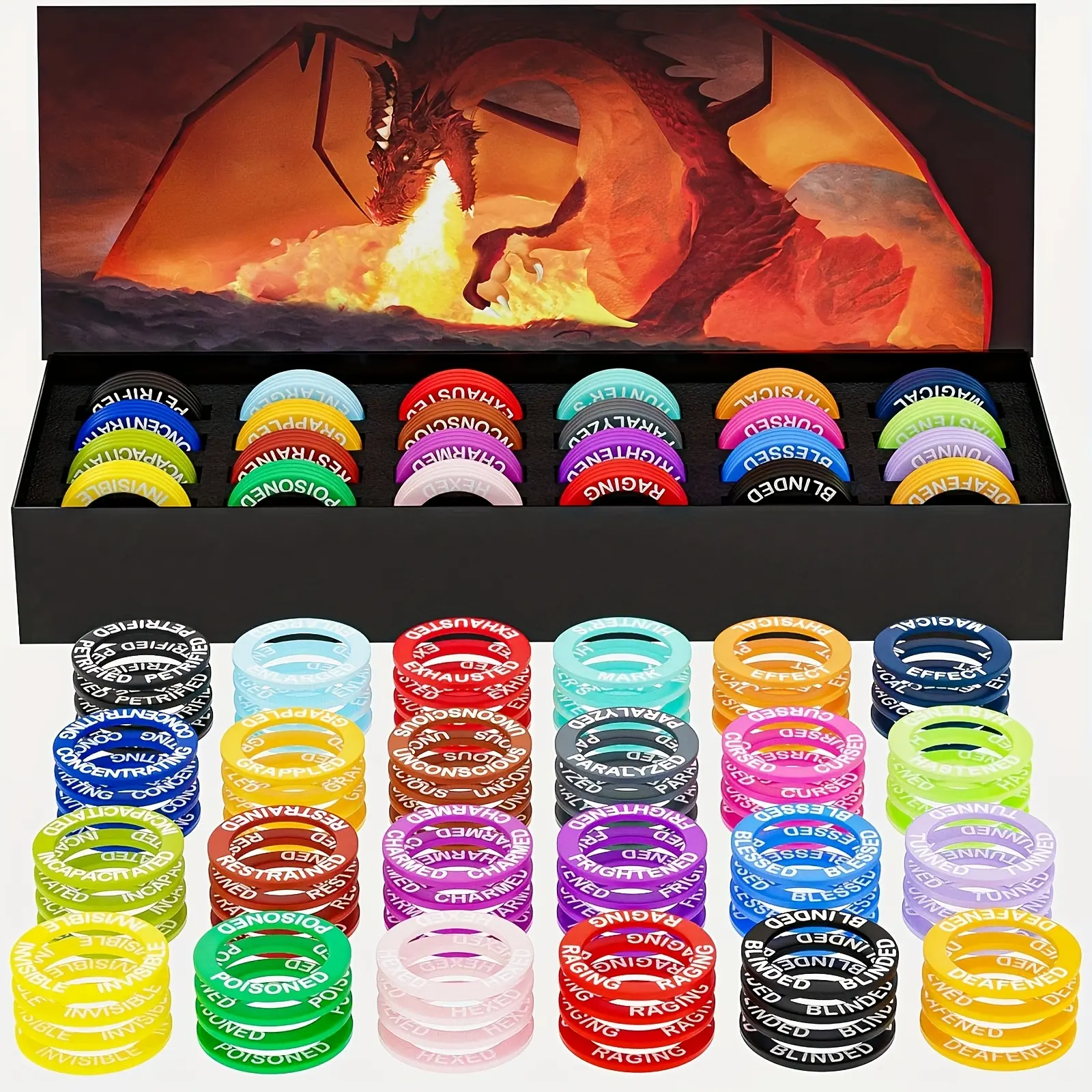 Durable RPG Game Accessories Kit - 96 Acrylic Status Effect Condition Rings, 24 Silicone RPG Markers, Dice, Storage Box Included, Festive Party Gift for Teens (14+ Years Old)