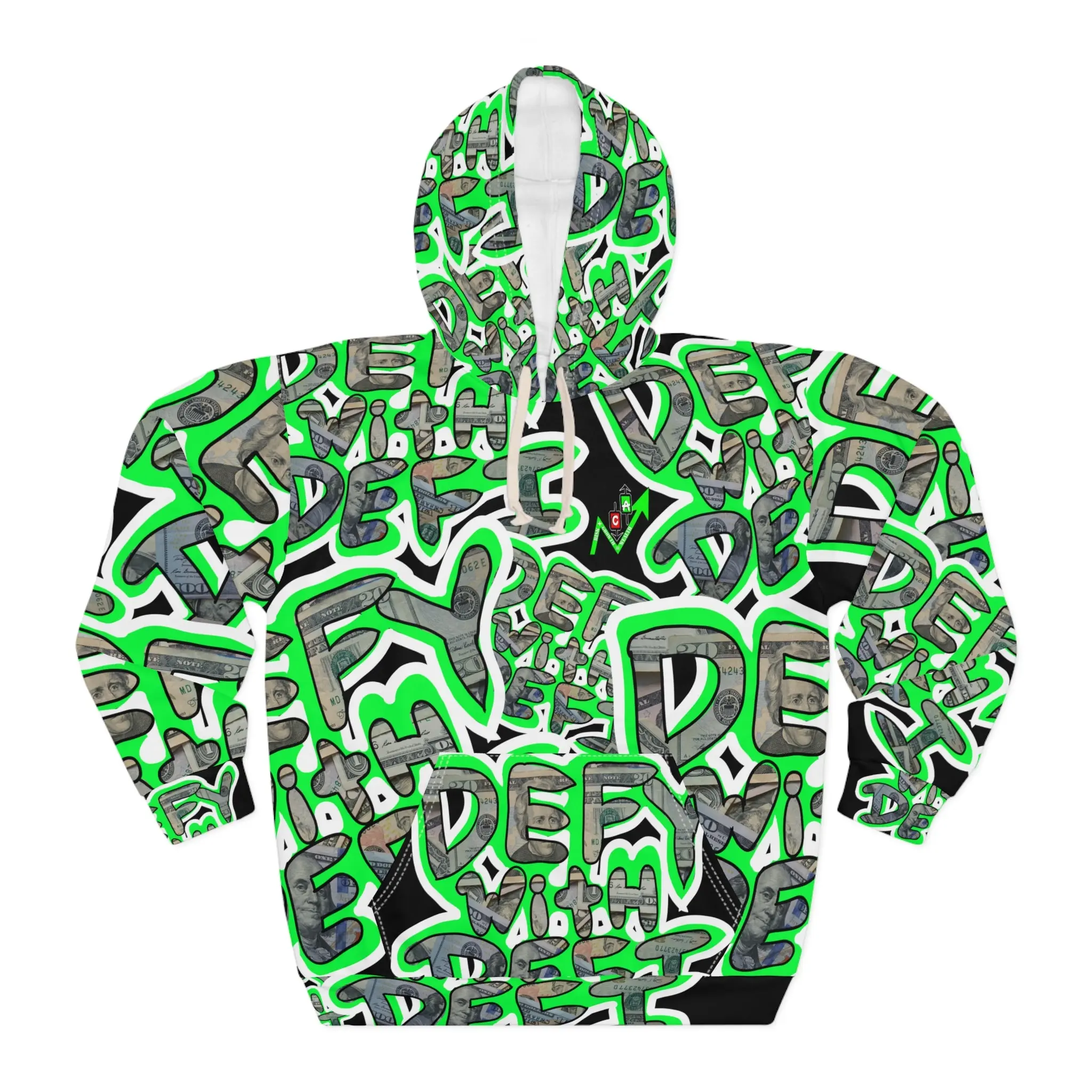 Defy with Defi Crypto Inspired Allover Print Hoodie | Neon Green Crypt Apparel Pullover