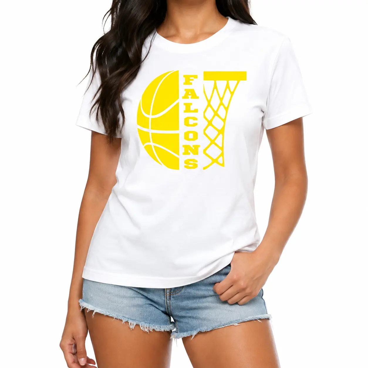 Falcons Basketball Oversized Tee, Yellow Graphic Game Day Shirt, Loose Fit Soft Cotton School Spirit Top