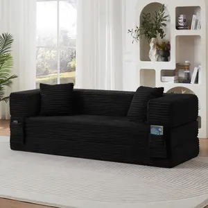 Convertible Sofa Bed, Boneless Couch, Folding Floor Couch Corduroy Fold Out Couch Bed Futon Sleeper Mattress with Pillows, Boneless Sofa Comfy Lounge Loveseat for Living Room Bedroom, Black