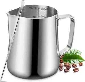 Milk Frothing Pitcher, 350Ml/12Oz Milk Frother Cup Stainless Steel Jug Steaming Pitcher, Milk Coffee Cappuccino Latte Art Barista Steam Pitchers Milk Jug Cup with Decorating Pen UMUACCAN