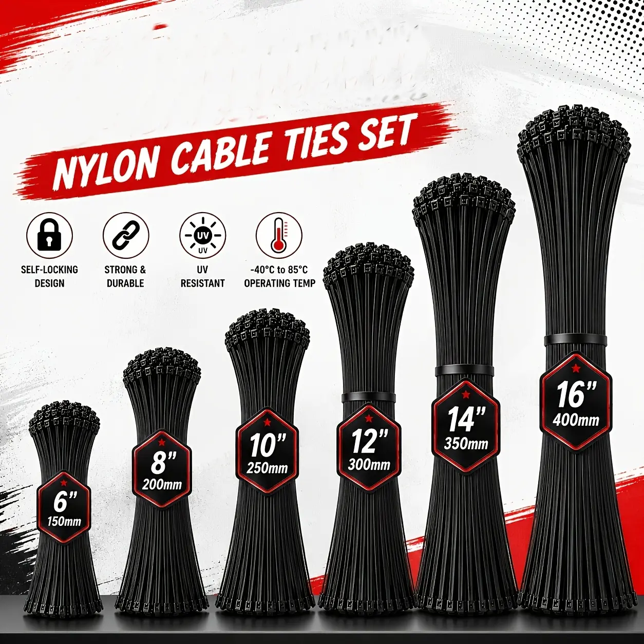 6/8/10/12/14/16 inches, heavy-duty nylon cable ties, binding straps, self-locking cable ties, ultra high stretch, waterproof and non-slip, suitable for indoor and outdoor use—ideal for home, office, gardening, and outdoor cables.