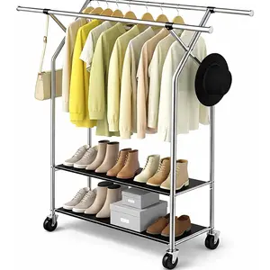 Clothes Rack,Rods Clothing Rack for Clothes,Rolling Clothing Racks with Wheels,Garment Rack for Bedroom Laundry Living Room,Silver