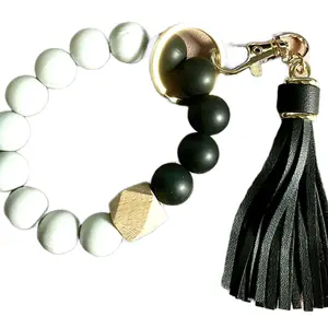 Beaded Keychain Wristlet with Tassel - Stylish Black & White Beads, Durable Design, Perfect for Everyday Use or Travel