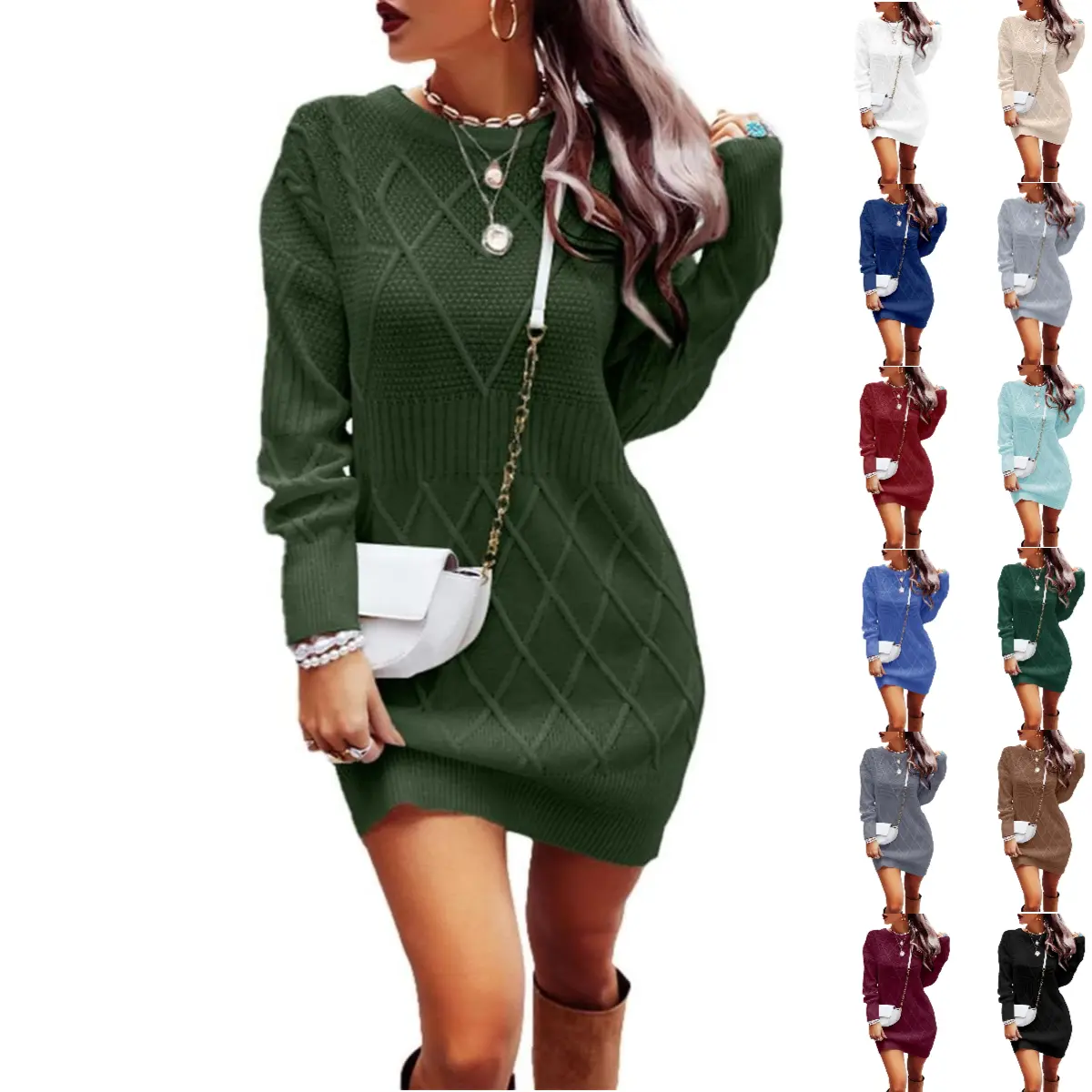 Imily Bela Womens Sweater Dress Long Sleeve Crewneck Diamond Knit Sweater Dresses Sexy Slim Fit Pullover Dres