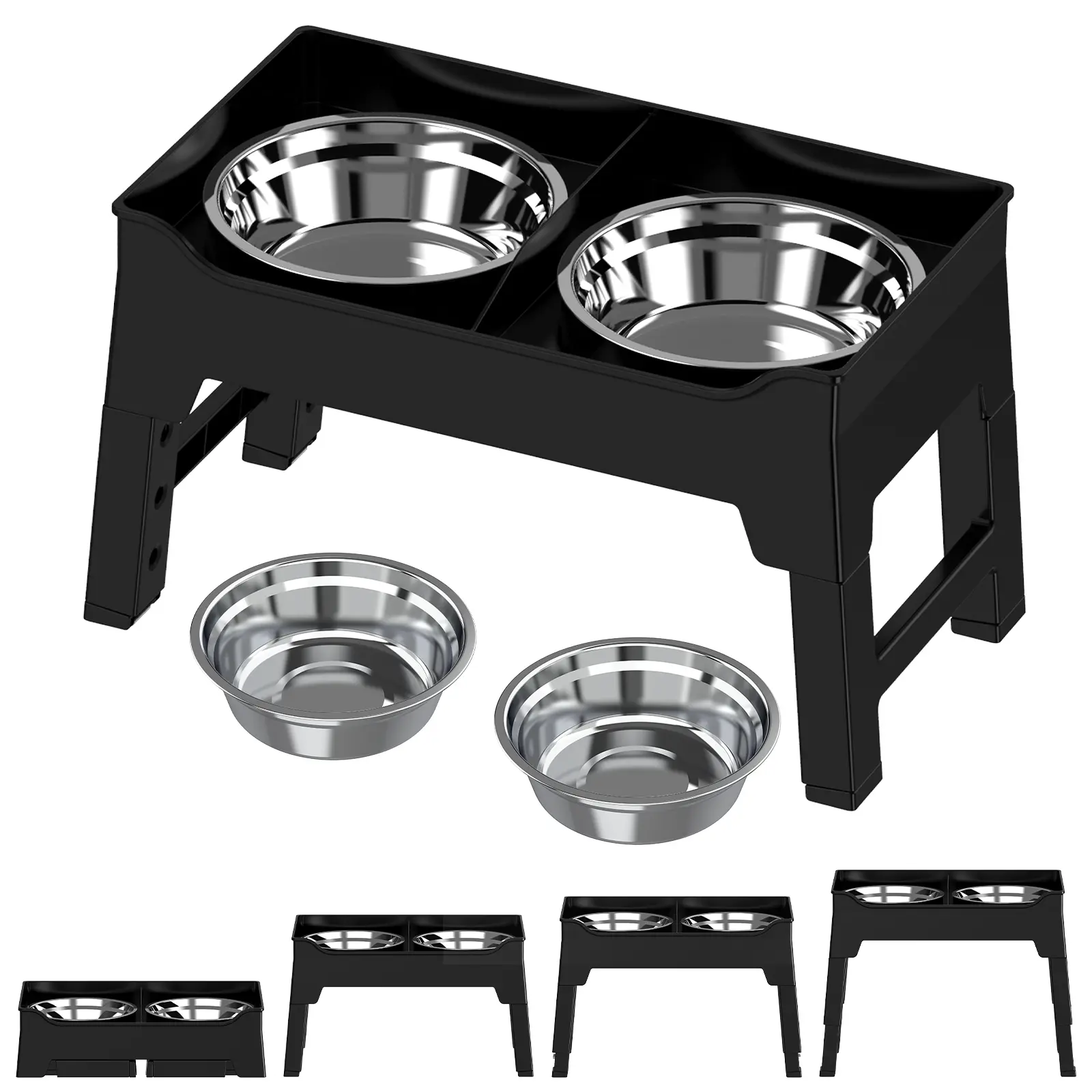 Elevated Slow Feeder Bowls Set Pack - No-Assembly Foldable Stand, Spill-Proof Water Bowl, 4 Height Settings, Travel-Easy Feeding Solution for All Dog Sizes, Adjustable Height