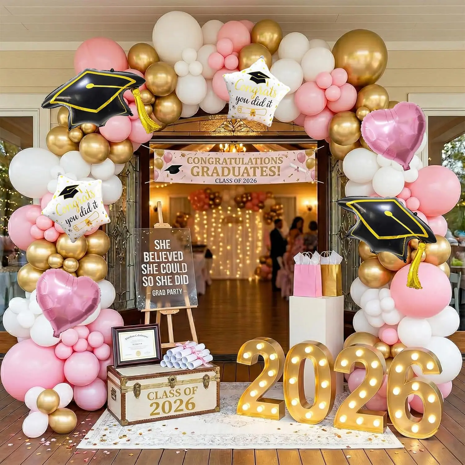 132PCS 2026 Pink Gold White Graduation Balloon Arch Kit Garland Decoration with Heart Star Graduation Cap Foil Balloons for Class of 2026 Girl Grad Party P