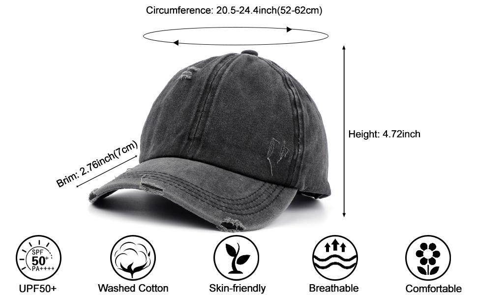 Criss Cross Ponytail Cap for Women - Adjustable High Bun Baseball Hat, UPF50+ Sun Protection, Washed Cotton