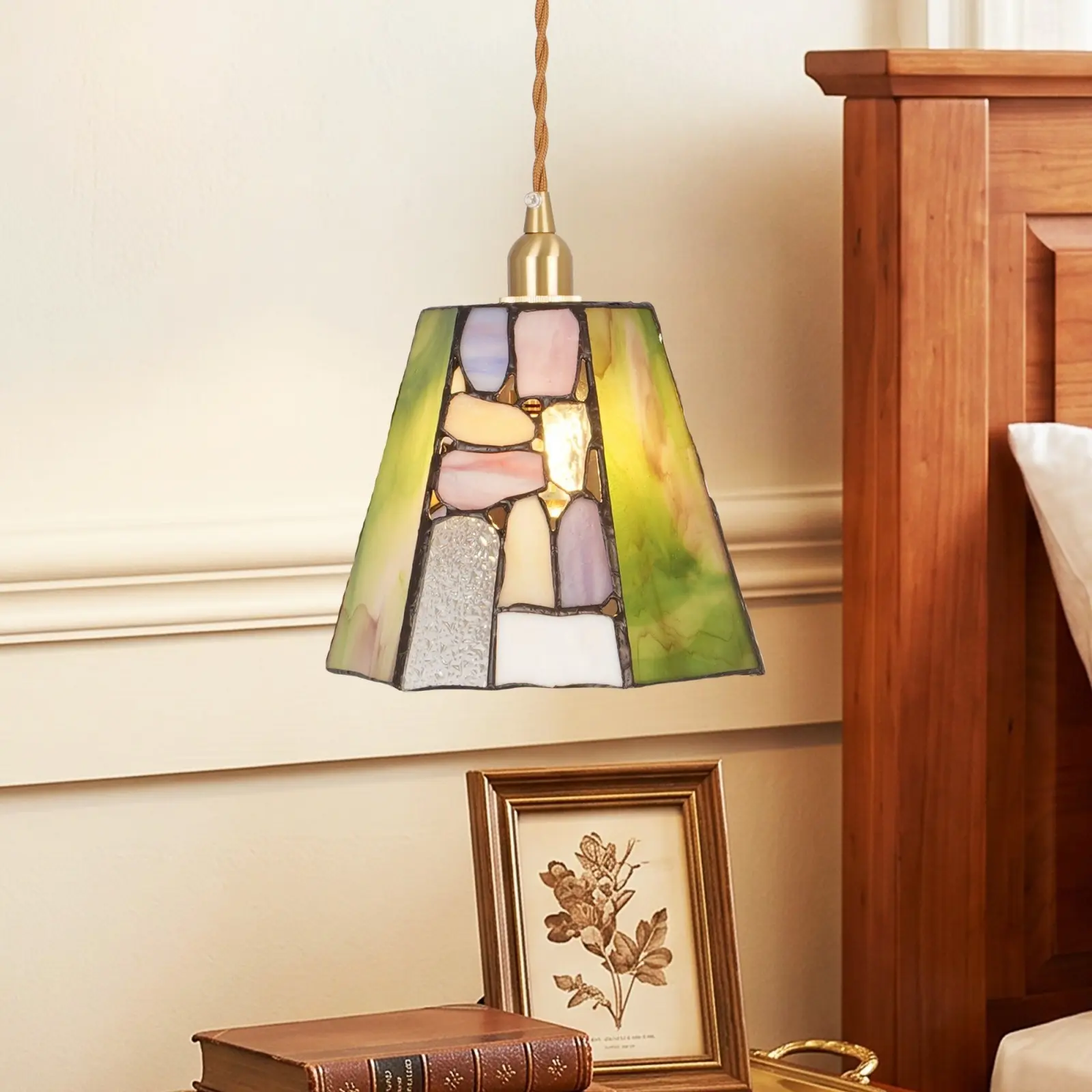7.1in Small Vintage Multi-Color Mosaic Tiffany Pendant Light, Adjustable Braided Cord E14 Hardwired Mini Hanging Lamp for Bedroom Bedside Cafe Bar Retro Home Decor