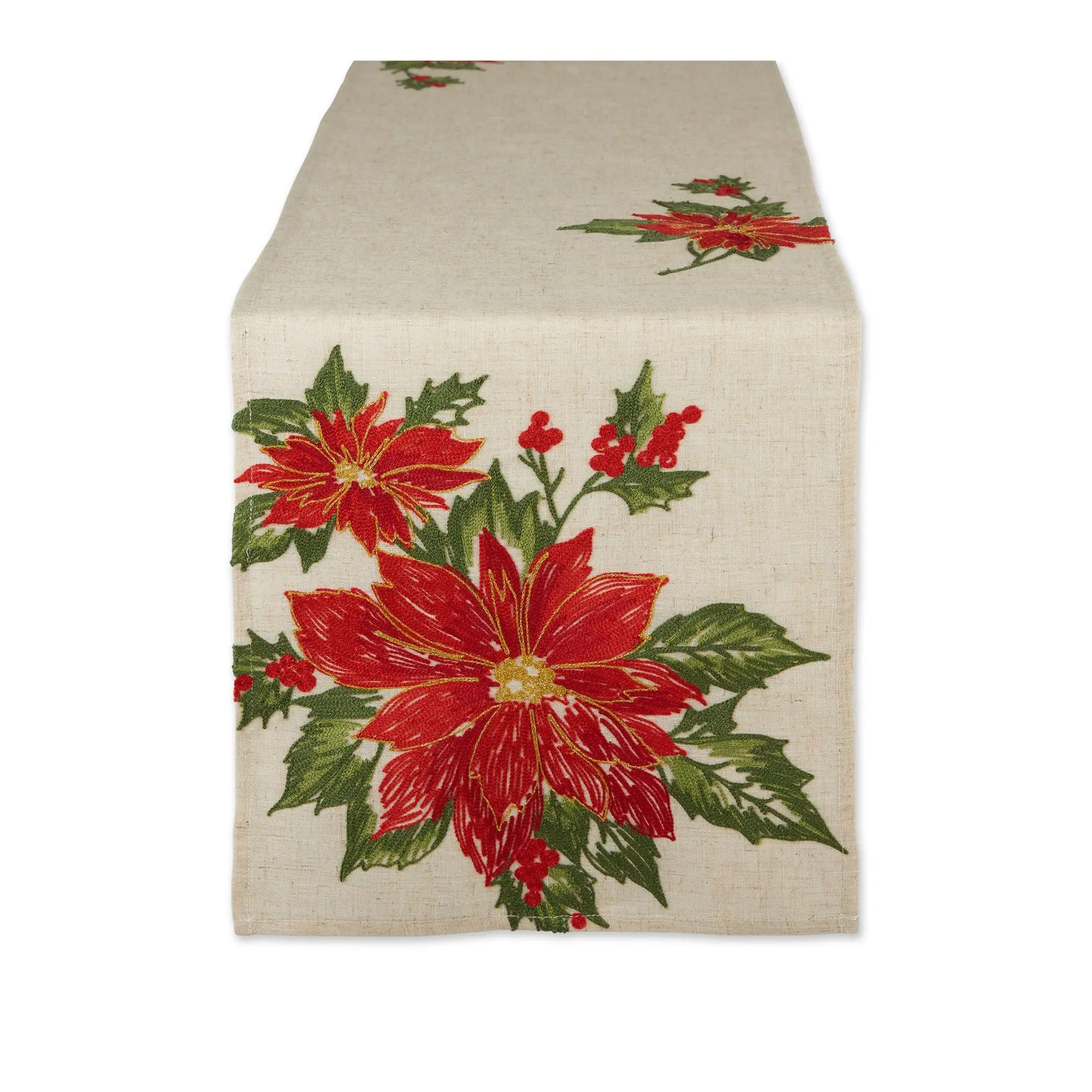 Design Imports Embroidered Poinsettia Holly Table Runner 14x70