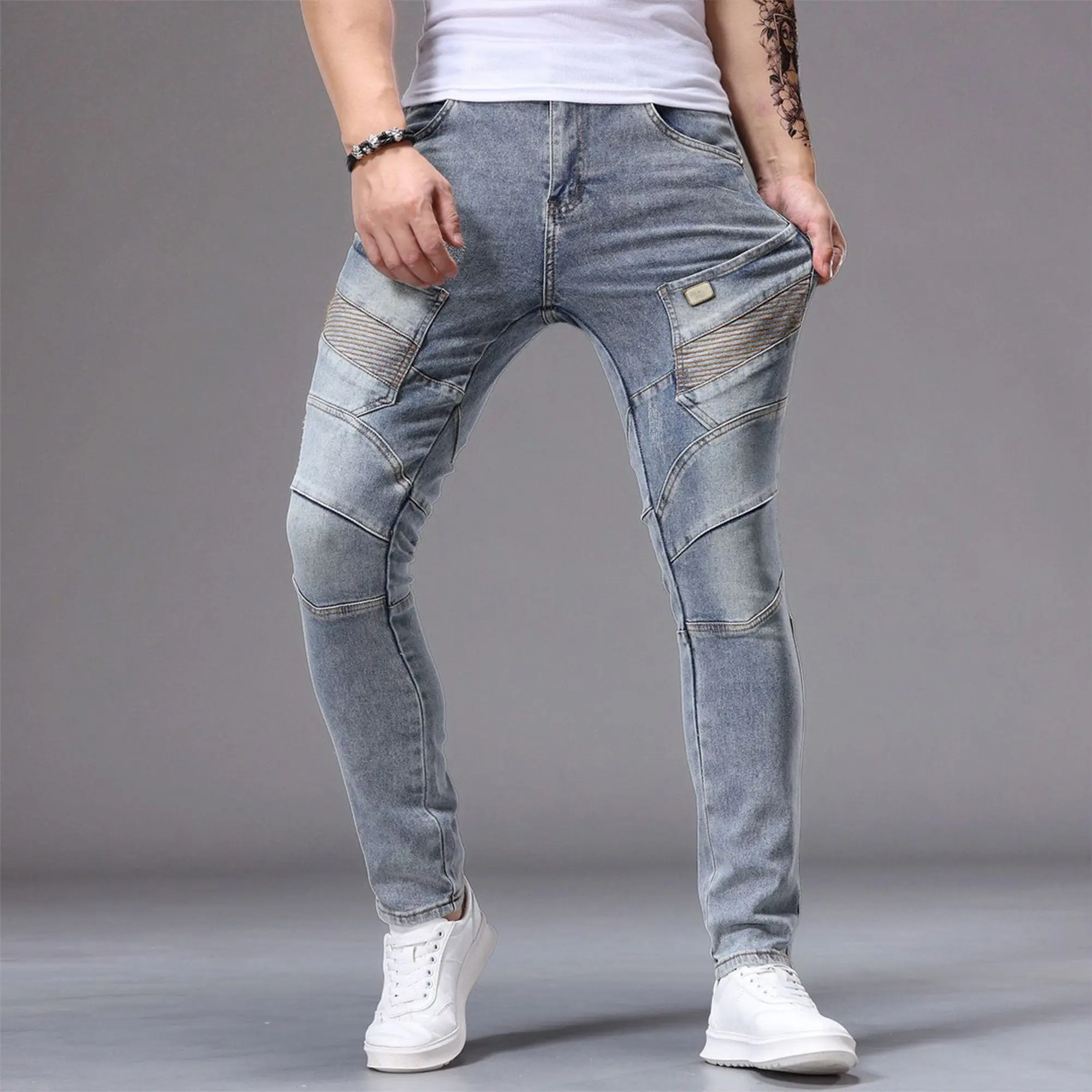 Men's Slim Fit Moto Pants with 4-Way Stretch - Casual Double-Layer Trousers with Polyester Lining for Prolonged Wear