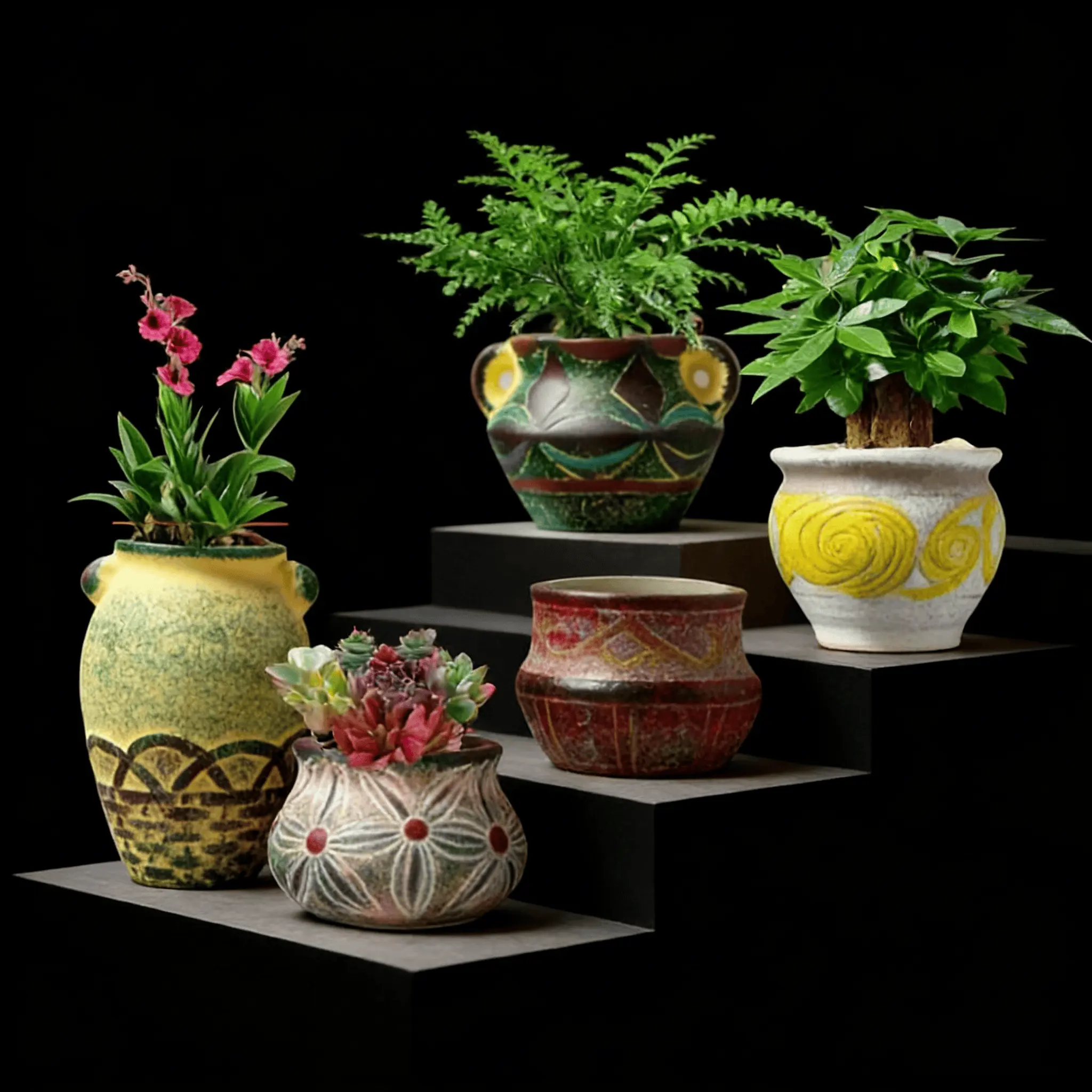 Plant Mom Must-Haves!  5-Pack Cute Vintage Hand-Painted Drippy Glaze Planters  Value Set for Succulents & Small Indoor Plants