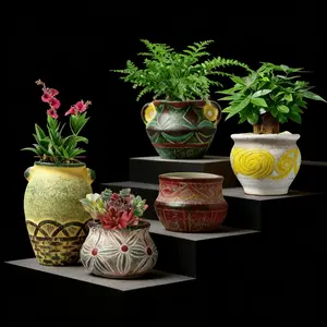Plant Mom Must-Haves!  5-Pack Cute Vintage Hand-Painted Drippy Glaze Planters  Value Set for Succulents & Small Indoor Plants