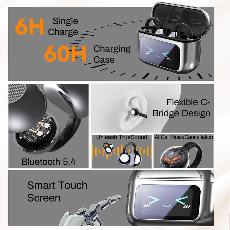 [Valentine's Day] Tukio 2026 M100 Fashion Clip-On Earphones, featuring interchangeable earring accessories, an audio-visual touchscreen, and wireless audio transmission technology. Equipped with Bluetooth 6.0 for faster and more stable connections