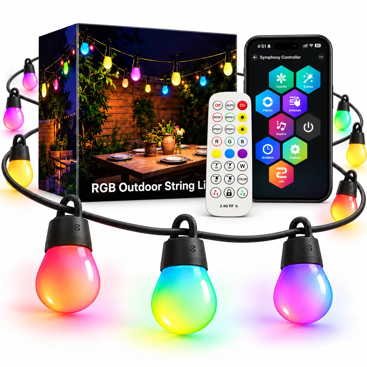 S14 Smart RGBIC Outdoor String Lights, 50FT/100FT/150FT Colorful LED Lights with RGB LED Effects, App & Bluetooth Control, Dimmable IP66 Waterproof Bulbs, for Patio Decor, Wedding & Party Use