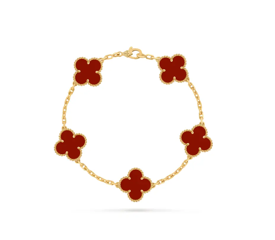 Pre-owned Van Cleef & Arpels Vintage Alhambra Bracelet 18K Yellow Gold, 5 Carnelian Stone，full set