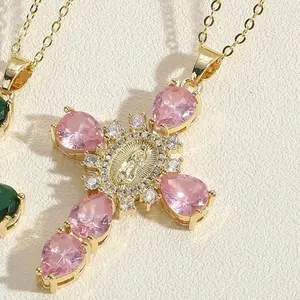 Cross Teardrop Color Pendant Necklaces,Virgin Mary Cross Necklace for Women,Female Jewelry,stunning Necklace Charm