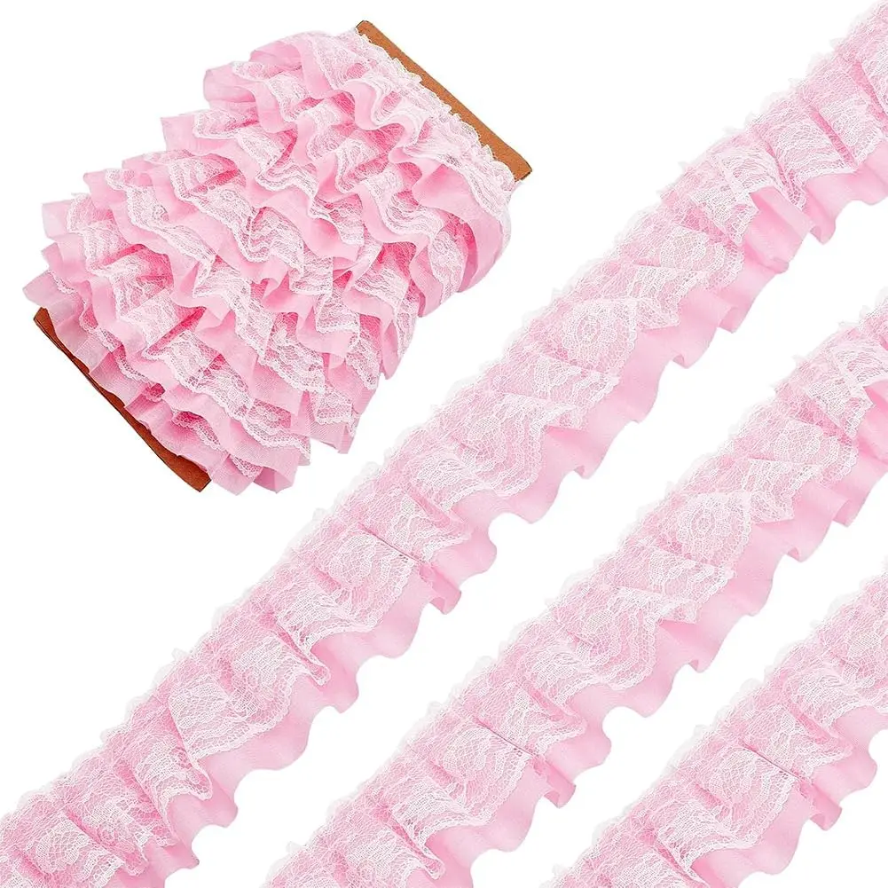 11 Yards Pink Double-Layer Pleated Chiffon Lace Trim 5cm Wide 2-Layer Gathered Ruffle Trim Edging Tulle Trimmings Fabric Ribbon Jacquard lace for DIY Sewing Crafts Pillowcase Embellishments(Gift)