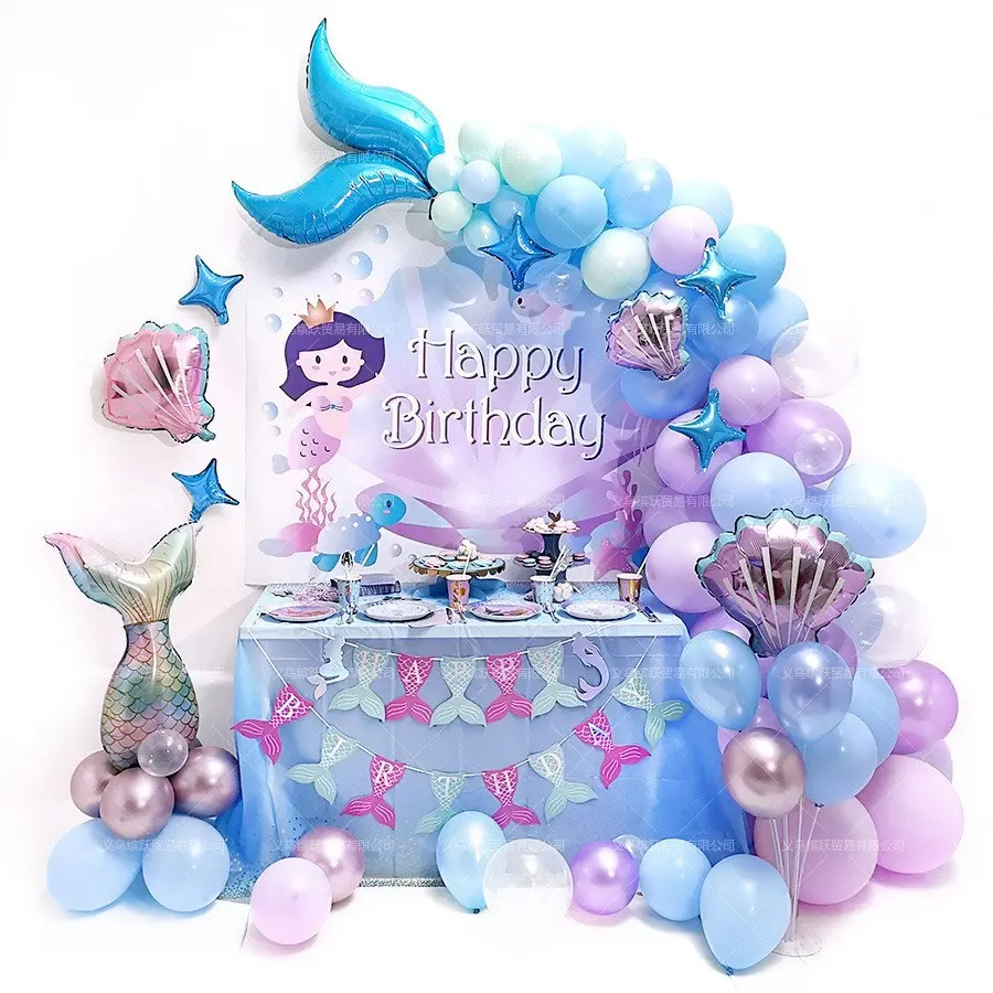136-Pc Mermaid Party Decoration Balloon Garland Kit, Ocean-Themed Birthday Supplies with Backdrop, Mermaid Tail, Shell, Peach, Lavender, Blue, Purple, Pink Macaron Latex Balloons for Girls, Balloon Backdrop Balloons