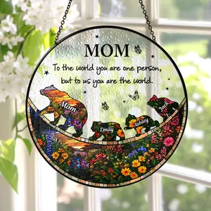 Custom Bear Mom and Cubs Stained Glass Suncatcher, Personalized Bear Family Window Decor, Heartwarming Mother’s Day Gift for Mama Bear, New Mom Nursery Window Hanging, Handcrafted Suncatcher for Glass Windows